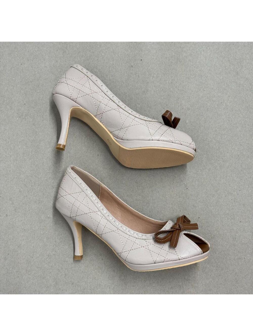 Quilted Peep-Toe Platform Pumps with Leather Bow Accent